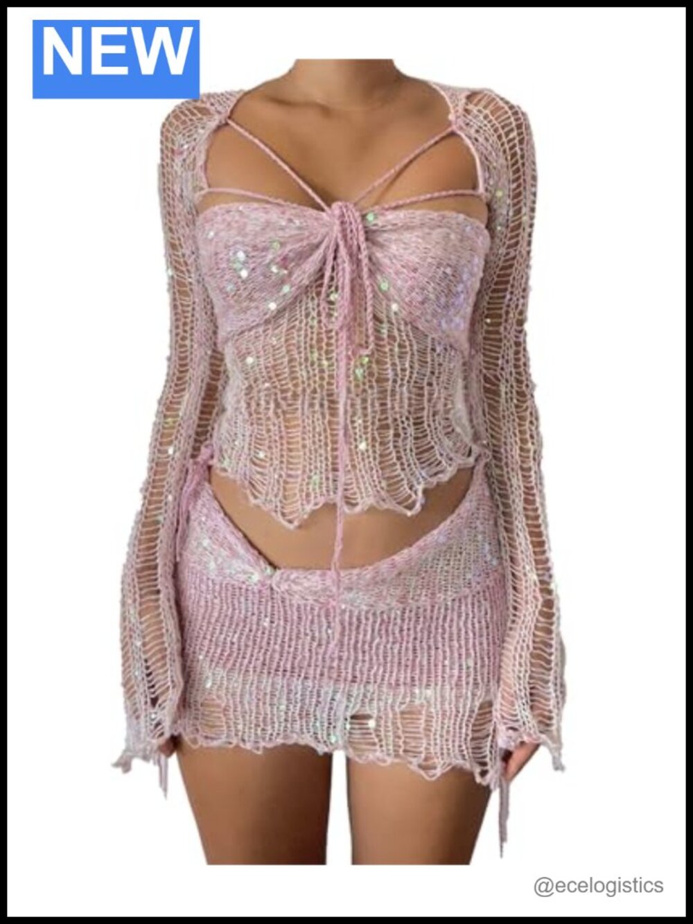 Women's 3 Piece Crochet Skirt Set Long Sleeve Cardigan Bralette Crop Top Outfit